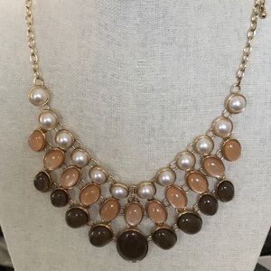 NY necklace / 3 tiers oval shaped beads/ green, peach, cream colors